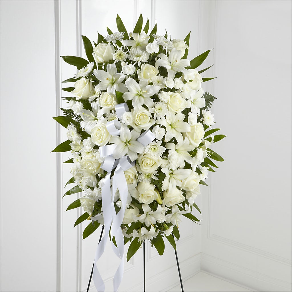 Exquisite Tribute Standing Spray-White Ribbon – Four Seasons Flowers, Guelph ON