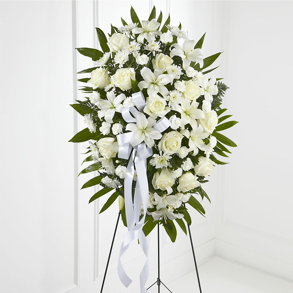 Exquisite Tribute Standing Spray-White Ribbon – Four Seasons Flowers, Guelph ON